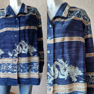 Vintage Shirt Vintage Blue Dragon Bluse Viskose Shirt Frauen Große Taste Oberteile Casual Boho Kleidung Damenbekleidung 24 Größe Shirt