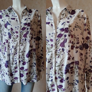 Vintage 1980s Viscose White Ladies shirt Flowers Top Blouse SIZE 20, XXL Vintage top Blouse Vintage women&#39;s blouse Hippy blouse Woman shirt