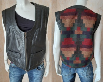 Vintage Leather vest 1970" Black vest Vintage jacket Patchwork style XL Size vest Leather Bohemian vest Jacket for Men Elegant vest C&A