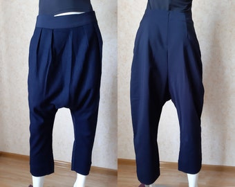 Vintage Blaue Wolle Baggy Fit Haremshose Und weniger Hose DamenGRÖßE 36 M Haremshose Drop Crotch