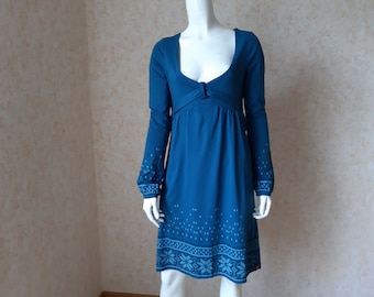 Vintage blue cerulean with snowflakes ornament cotton viscose dress Office high-waisted Everyday dress Dress with long sleeves Size S M