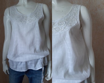 Vintage shirt jaren 1990 Dames Witte Stof T-shirt Blouse M MAAT 6 US, Vintage top, Country Blouse, Vintage dames blouse