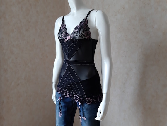 Vintage Corset Black Pink Prom Party Bustier Bodi… - image 3