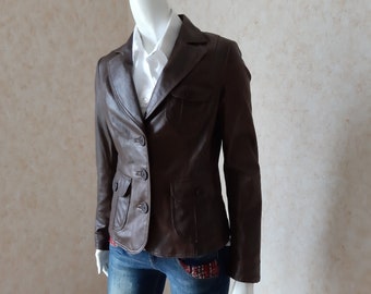 Vintage Women Leather Blazer Brown Jacket Women Blazers Coat Size 36 S Vintage Lady Button Leather blazer Office jacket Classic jacket