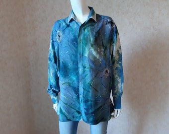 Vintage Men's Silk Blue Fabric Shirt SIZE S, Vintage Shirt, Flowers Shirt, Vintage men's Shirt, Multicolored Shirt, Silk Shirt