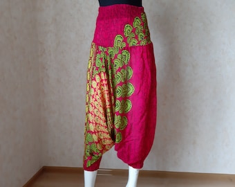 Vintage Cotton Baggy Fit Harem Silk Pants Women's L SIZE Harem Pants Flowers pattern Pants drop crotch Pink Harem Pants