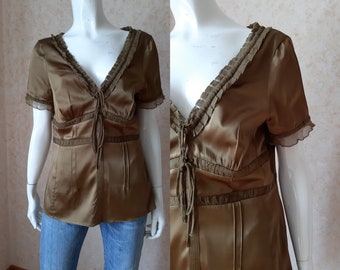 Vintage Silk Shirt, Vintage brown Blouse, Karen Millen Shirt, Tops Casual, Hippie Clothes, Womens Clothing, US 10 size L Shirt