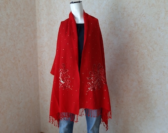 Vintage scarf. Shawl Retro. Red Scarf. Woman Scarf. Vintage Retro. Scarf for Women. Long Scarf. Vintage muffler. Scarves for women