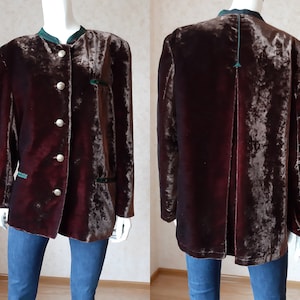 Vintage Burgundy Iridescent Velvet Jacket / jacket with green trim & buttons, size M L