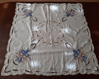 Vintage White Christmas Tablecloth, Christmas tree bumps, Holly Pine Tablecloth, Xmas Holidays, Holidays table linens, Christmas bells