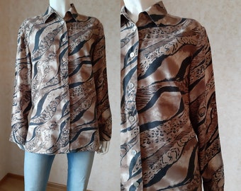 Vintage Viscose Shirt, Vintage Brown Blouse, Women Small Button, Long sleeve, Tops Casual, Hippie Clothes, Womens Clothing, L 38 size Shirt