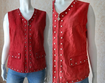 Vintage vest. Suede vest. 1970". Red vest. Vintage jacket. Patchwork style. M Size vest. Leather Bohemian vest. Jacket for Women