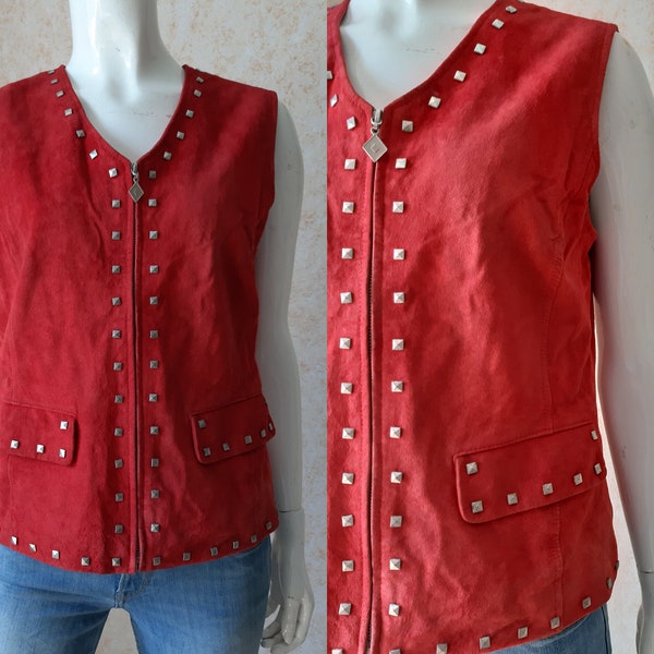 Vintage vest. Suede vest. 1970". Red vest. Vintage jacket. Patchwork style. M Size vest. Leather Bohemian vest. Jacket for Women