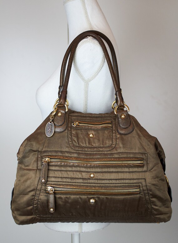 Vintage Tod's bag hobo bag brown ocra fabric canva