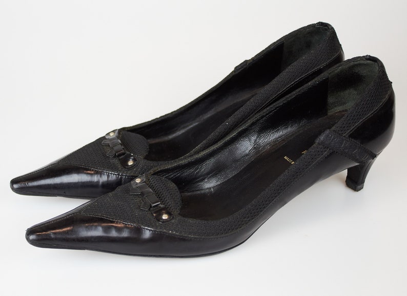 Vintage Prada pointed toe shoes black leather fabric details | Etsy
