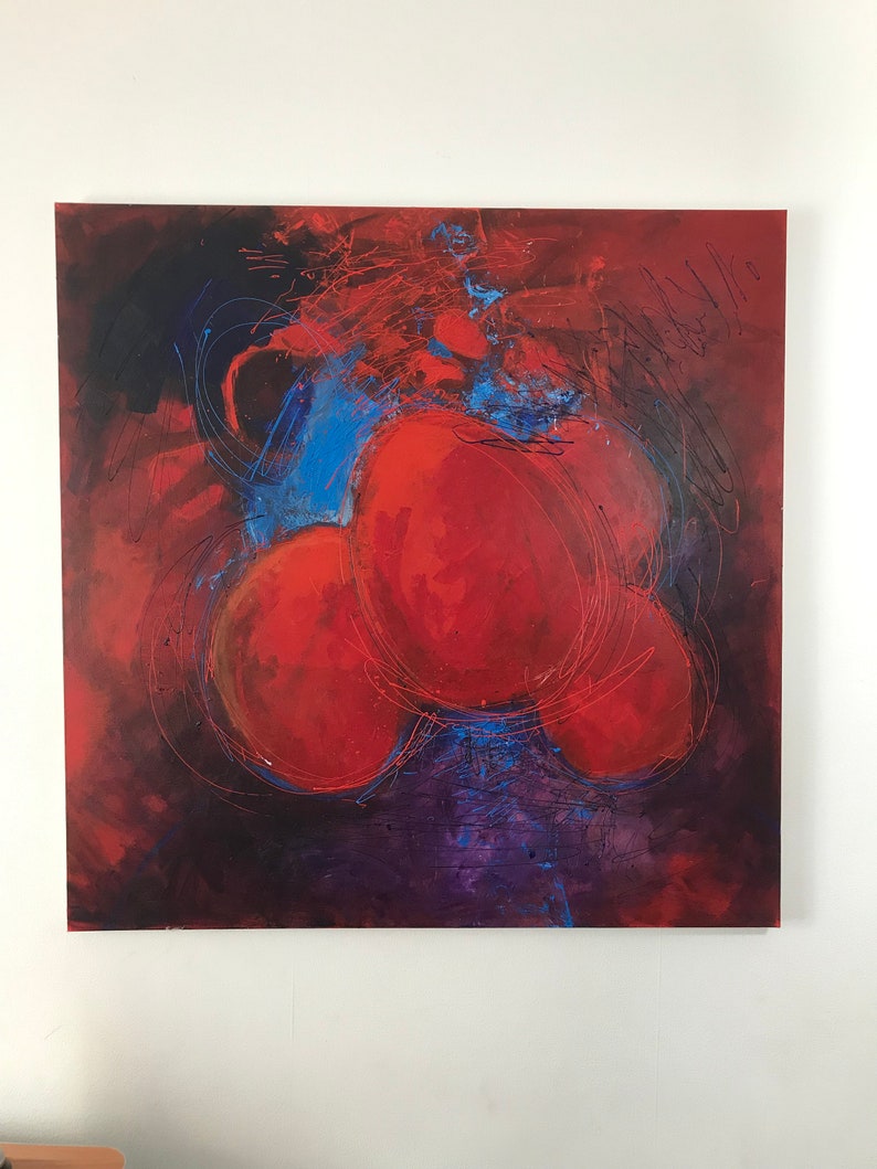 May include: Abstract artwork featuring a dark red and black backdrop. Three large, red, circular forms are central, with blue and purple highlights. Delicate red and black lines swirl around the circles, producing a dynamic composition.
