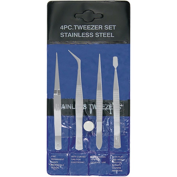 4-Piece Stainless Steel Tweezer Set with Pointed, Self Closing, Stamp,  Curved (4pcs) (Pouch)
