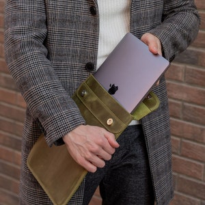 May include: A person holding a green leather laptop sleeve with a silver laptop inside. The sleeve has a flap with a button closure.
