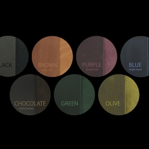 May include: A color chart showing 10 different leather colors: black, brown, chocolate, purple, blue, green, olive, red, white, and gray.
