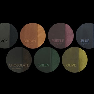 May include: A color chart showing ten different leather colors: black, brown, chocolate, green, olive, purple, blue, red, white, and yellow.