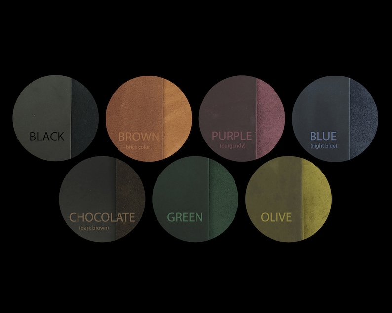 May include: A color chart showing ten different leather colors: black, brown, chocolate, green, olive, purple, blue, red, white, and yellow.