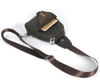 Riñonera cruzada, riñonera de cuero, pequeña, bolso de cuero negro, bolso de cuero para hombre, bolso de hombro de cuero, bolso de cuero marrón