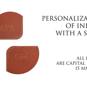 May include: Two brown leather coasters with initials "AVR" and "GM" embossed in gold. Free personalization of initials with a stamp. All letters are capital letters and 15 mm high.