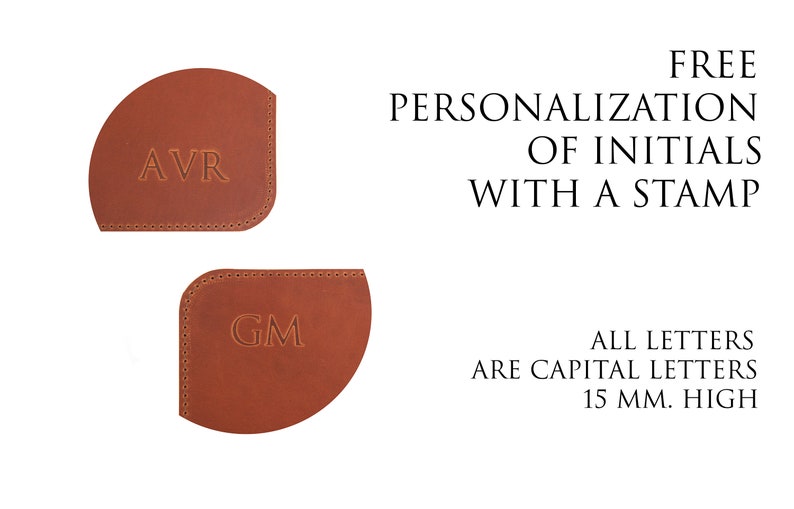 May include: Two brown leather coasters with initials "AVR" and "GM" embossed in gold. Free personalization of initials with a stamp. All letters are capital letters and 15 mm high.