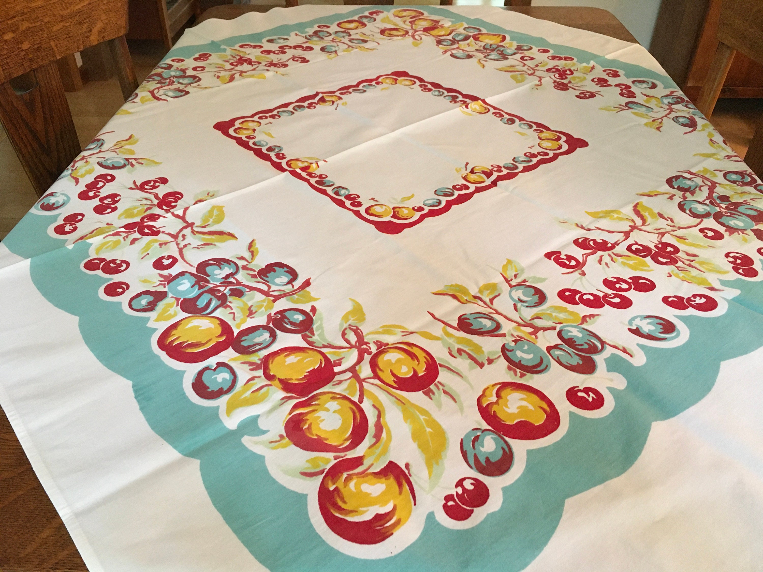 Vintage Fruit Tablecloth Awesome Aqua Border Etsy