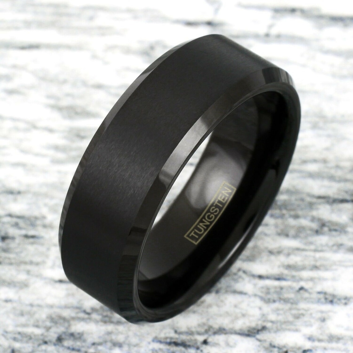 Matte Black Beveled Carbon Mens Ring Modern Wedding Band