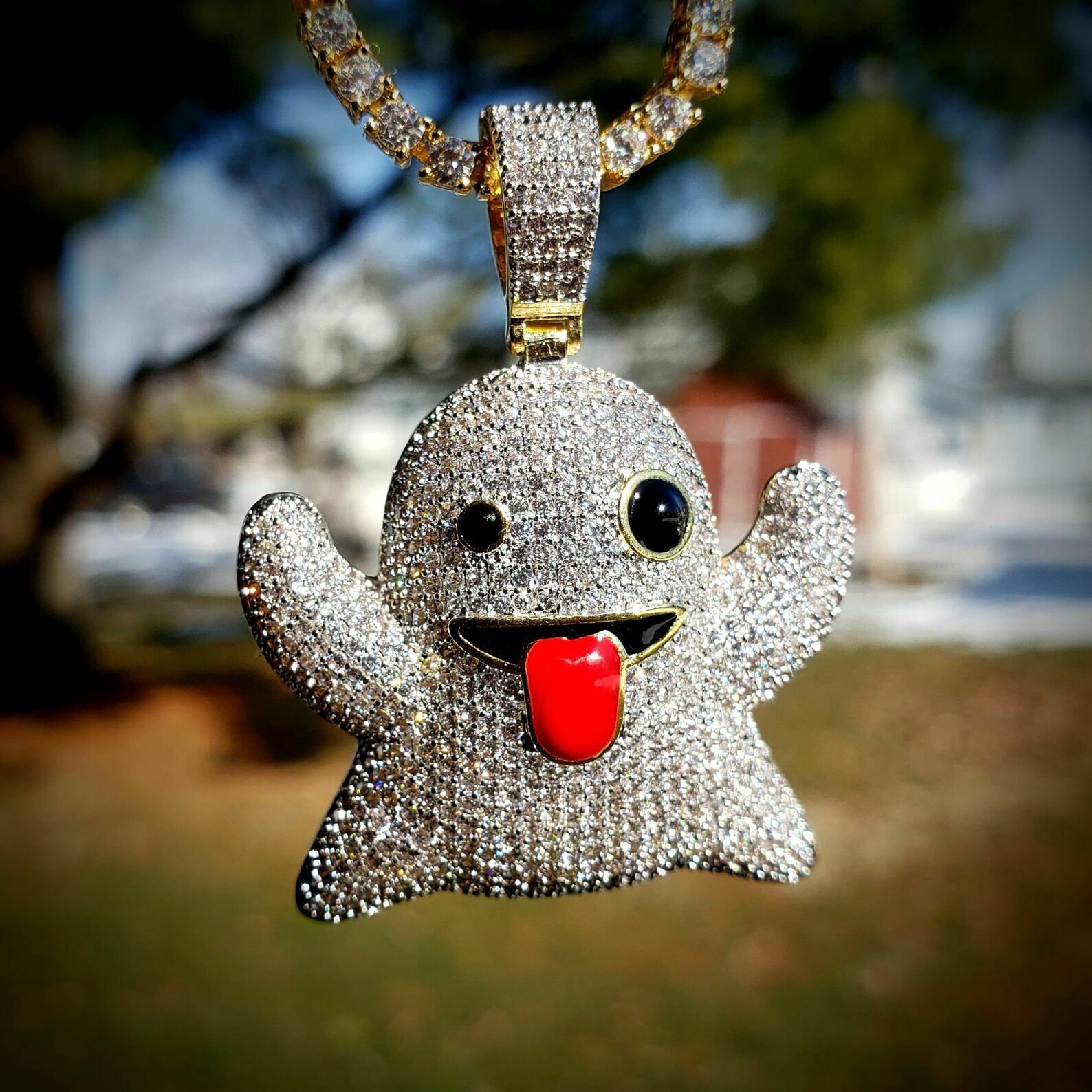 Iced Out Emoji Ghost 14k Plated White Gold Trap Pendant Etsy
