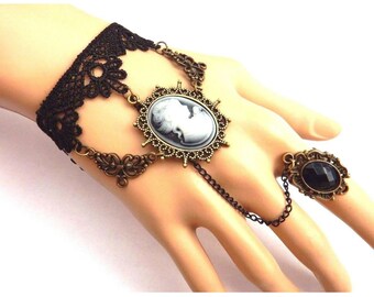 SataanReaper Presents Gothic Rose Style Lace Bracelet with Adjustable Finger Ring for Girls Women #SR-356