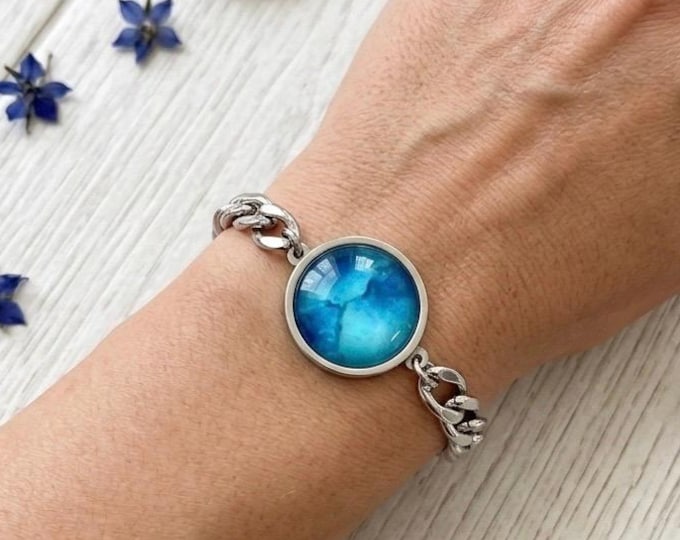 Sapphire Blue Bracelet Jewelry, Alcohol Ink Link Curb Loose Chain
