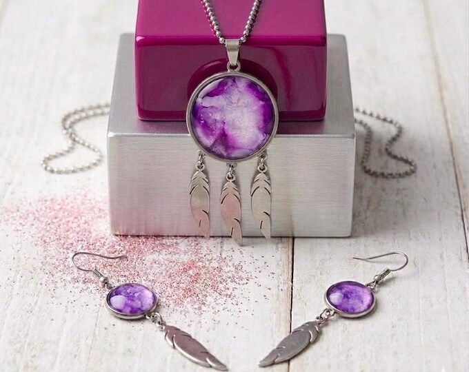 Pink Dreamcatcher Southwest Feather Pendant Jewelry, Abstract Painted Necklace and Feather Earrings