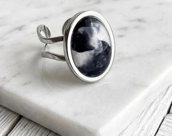 Black and White Panda Silver Ring Jewelry, Open Back, Trendy and Chic