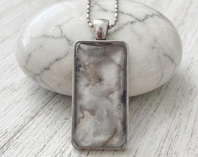 Silver Pearl Metallic Pendant, Alcohol Ink Jewelry, Rectangle Shape Abstract Necklace