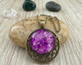 Pink Moon and Stars Pendant Hand Painted Alcohol Ink Glass, Celestial Antique Jewelry Necklace