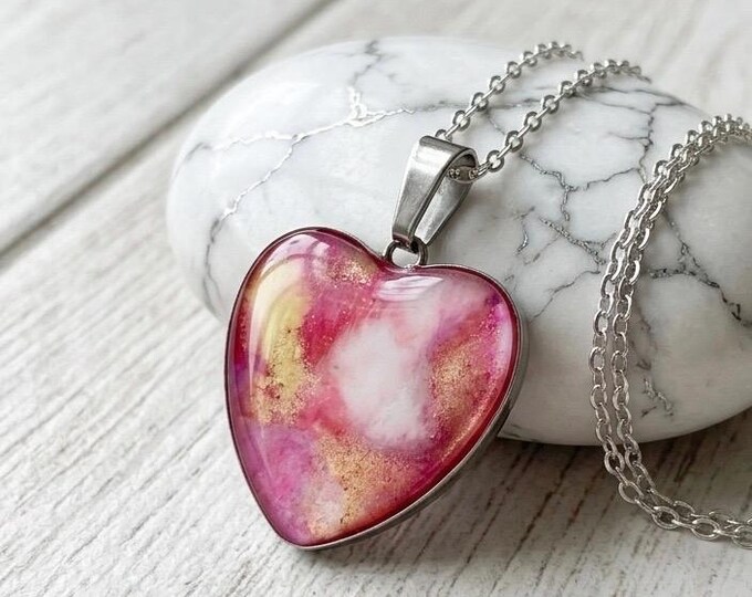 Pink Blossom Heart Pendant, Alcohol Ink Jewelry, Abstract Necklace