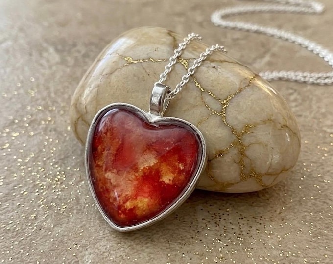 Amber Fire Heart Pendant, Alcohol Ink Jewelry Necklace