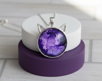 Purple Galaxy Cat Reverse Hand-Painted Glass Pendant