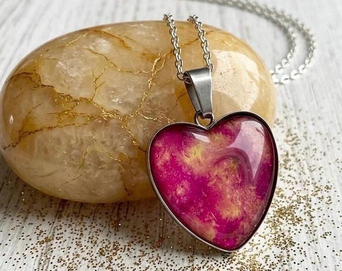 Pink Desert Rose Heart Pendant, Alcohol Ink Jewelry, Abstract Necklace