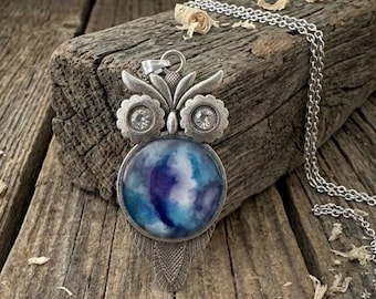 Blue Starlight Owl Pendant, Alcohol Ink Jewelry, Abstract Necklace
