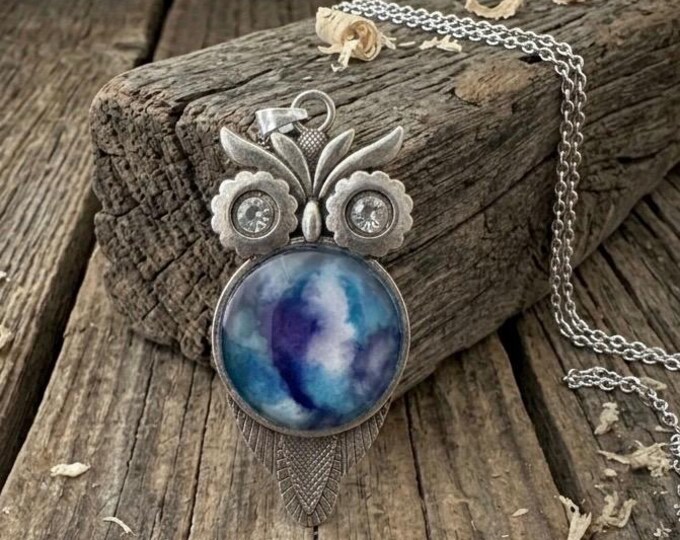 Blue Starlight Owl Pendant, Alcohol Ink Jewelry, Abstract Necklace