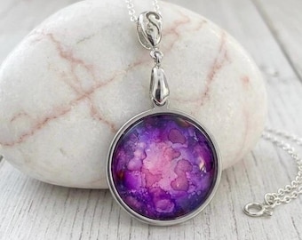 Pink Magnolia Jewelry Pendant, Alcohol Ink Painted Abstract Necklace