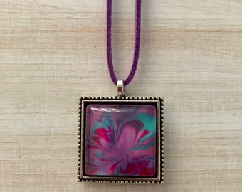 Tye Dye Boho Hippie Square Purple Pendant Necklace