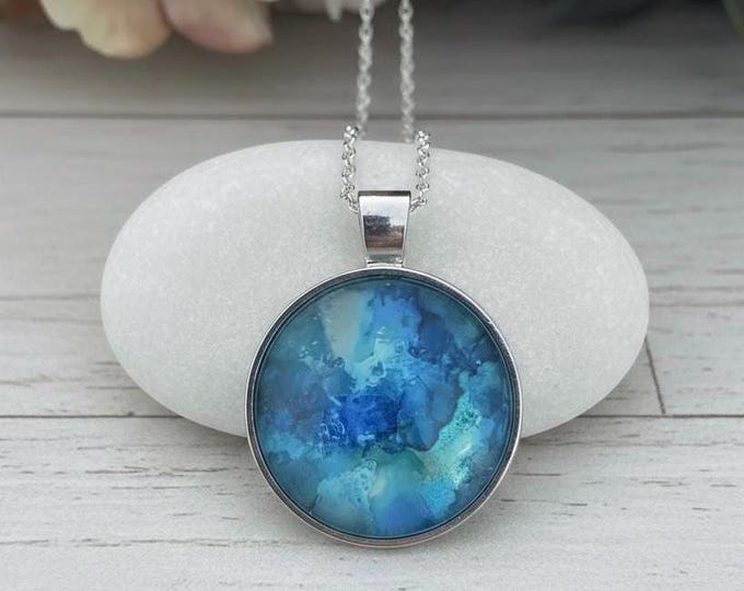 Sea Blue Pendant, Alcohol Ink Silver Jewelry, Abstract Necklace