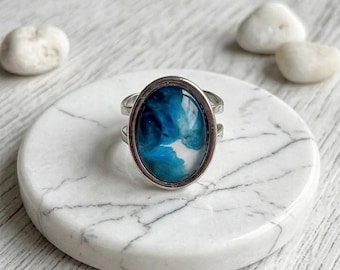 Blue and Turquoise Silver Ring with Open Back Hand Painted Alcohol Ink Abstract and Unique