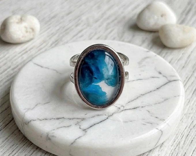 Blue and Turquoise Silver Ring with Open Back Hand Painted Alcohol Ink Abstract and Unique