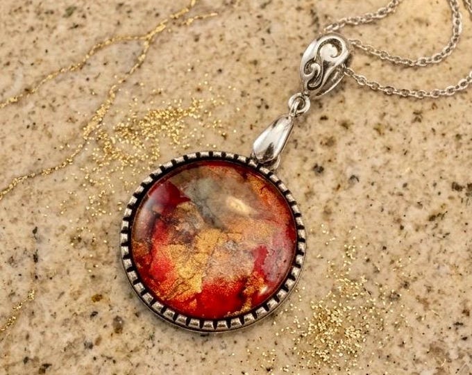 Red Sunset Tree of Life Pendant, Alcohol Ink Jewelry, Vintage Necklace