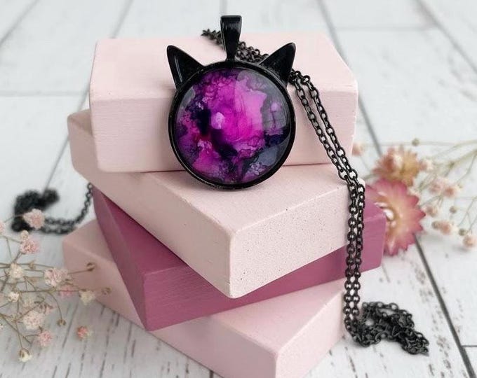 Cat Pink Petuna Reverse Hand-Painted Glass Pendant